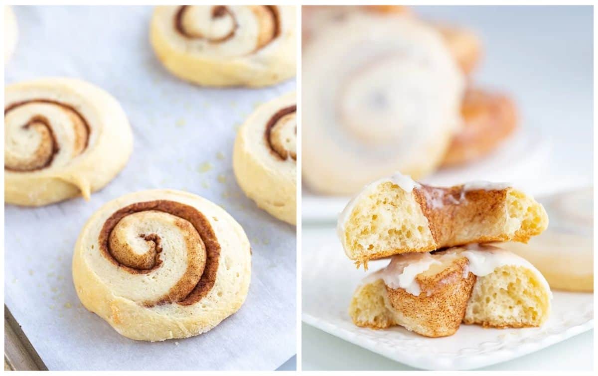 Side-by-side view of unbaked honey buns on parchment paper and a baked cinnamon roll glazed with icing, split in half to show the interior.