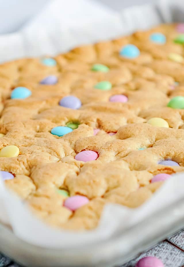 freshly baked Easter M&M Cookie Bars in baking pan