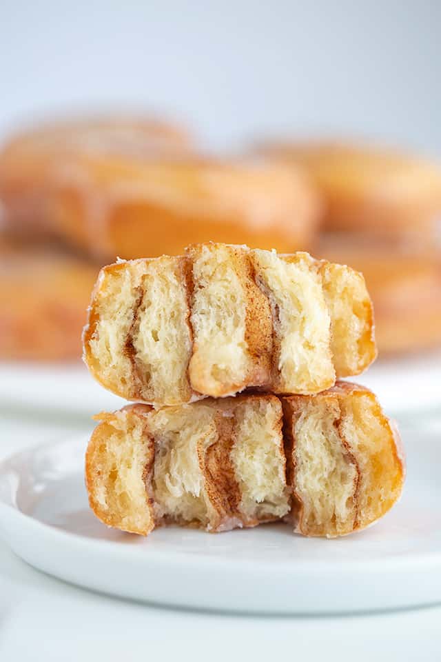 the inside of a honey bun on a dessert plate