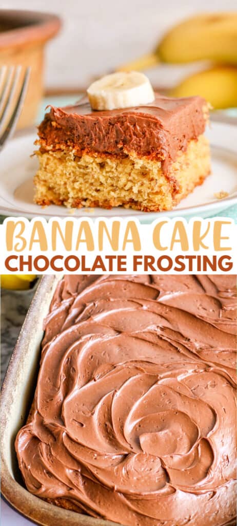 Banana cake with chocolate frosting made using cake mix.