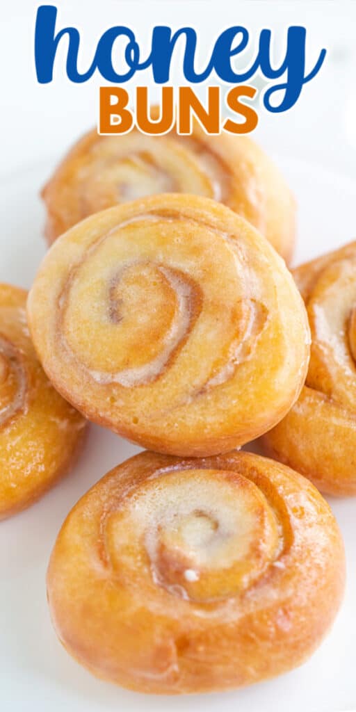 A plate of mouthwatering honey buns adorned with the text "honey buns".