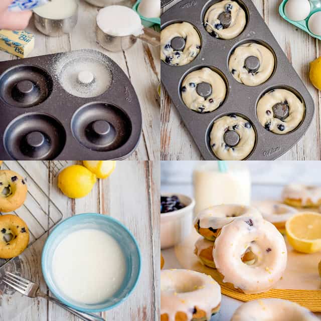 college of step-by-step photos on prepping the pan, filling the pan, and glazing the donuts