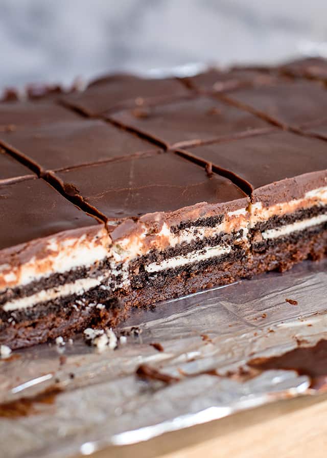 sliced oreo brownies on a piece of foil