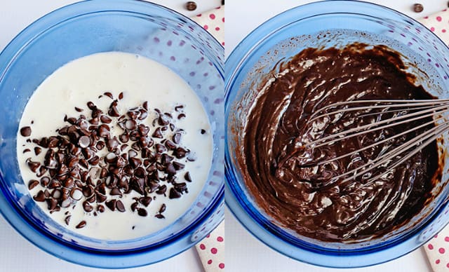 collage of a blue bowl with chocolate chips and heavy cream to create ganache