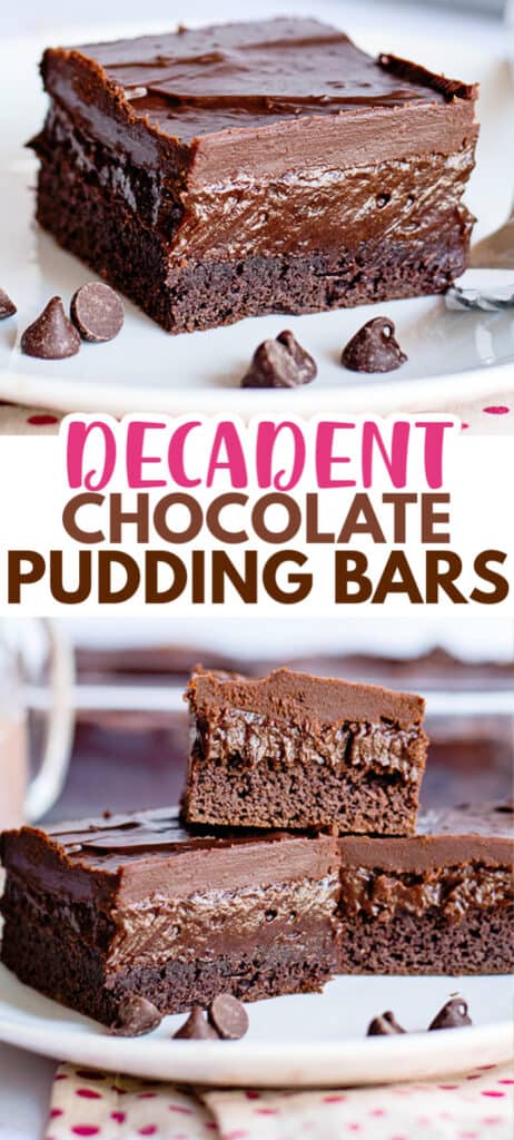two photos showcasing the chocolate pudding bars on a white plate with text in the middle