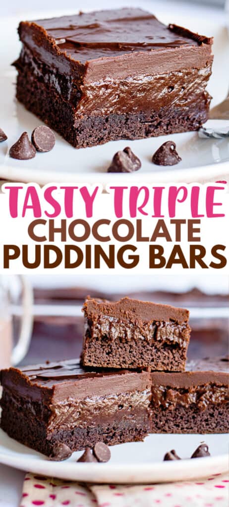 two photos showcasing the chocolate pudding bars on a white plate with text in the middle