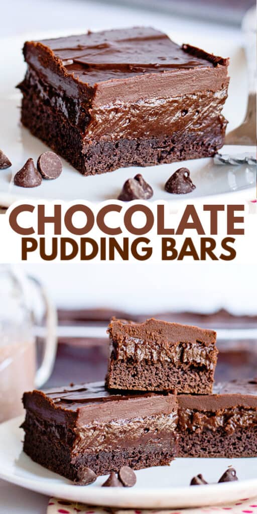 two photos showcasing the chocolate pudding bars on a white plate with text in the middle