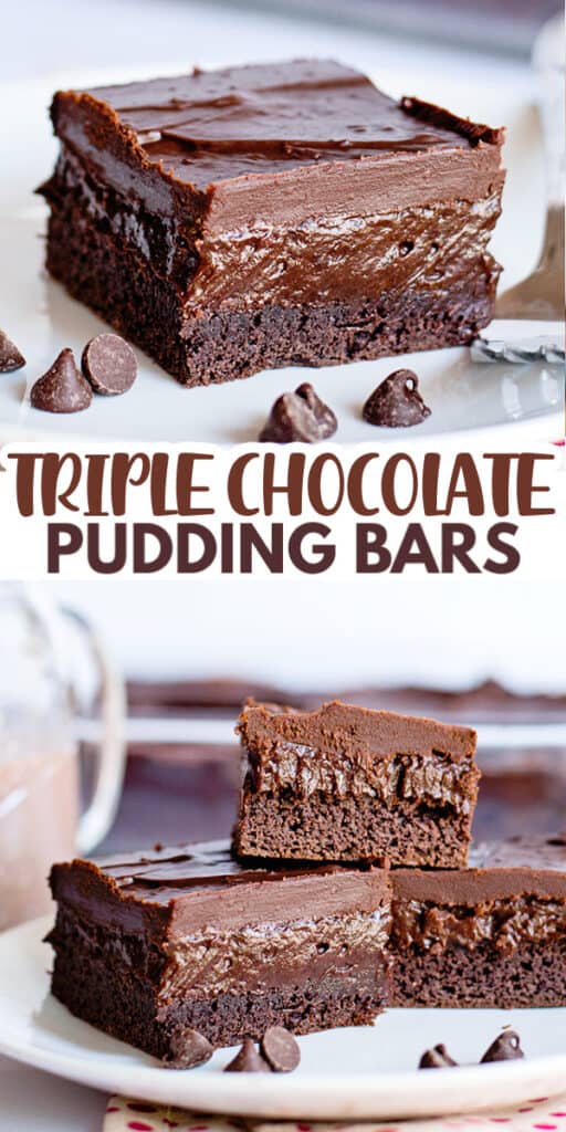 two photos showcasing the chocolate pudding bars on a white plate with text in the middle