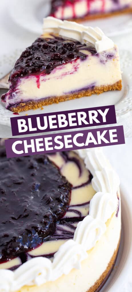 collage of blueberry cheesecake images with the title in blocks of text in the middle