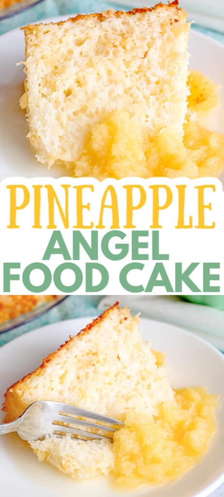 collage of photos of the angel food cake with the recipe name in large text