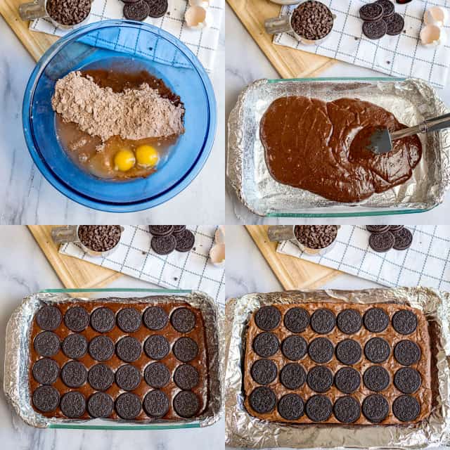 collage of photos showing step-by-step how to make the oreo brownie