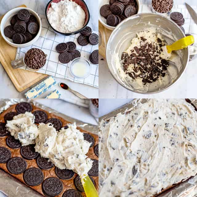 Collage of step-by-step photos of how to make the cookies and cream frosting