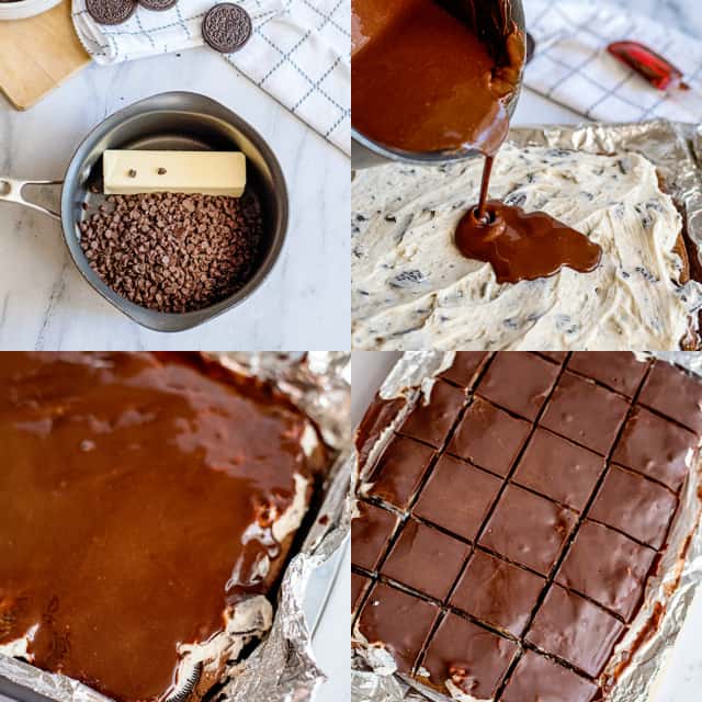 Collage of step-by-step photos on how to make the chocolate topping