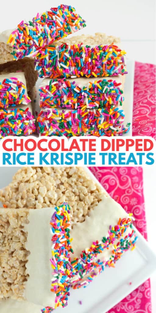 collage of two photos of chocolate covered rice krispie treats on a white plate with pink fabric with text in the middle