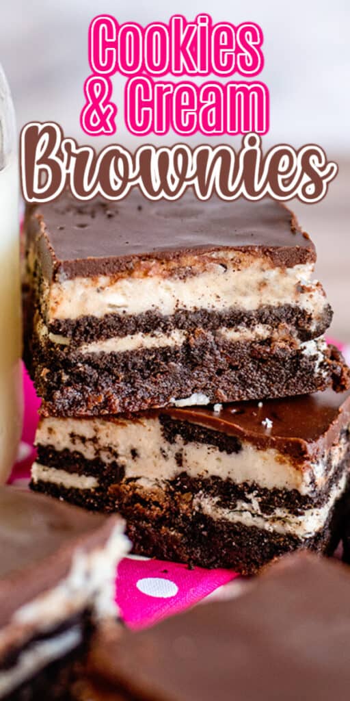 zoomed in photo of stacked oreo brownies with the recipe name in text