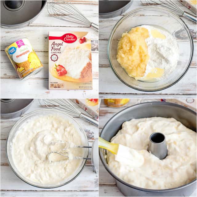 collage of step-by-step photos on how to make the pineapple angel food cake recipe