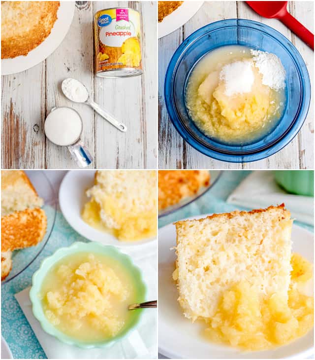 collage of step-by-step photos showing how to make pineapple sauce