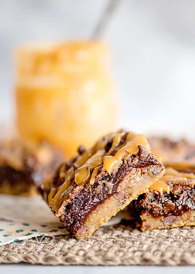 brookie bars propped on each other on burlap