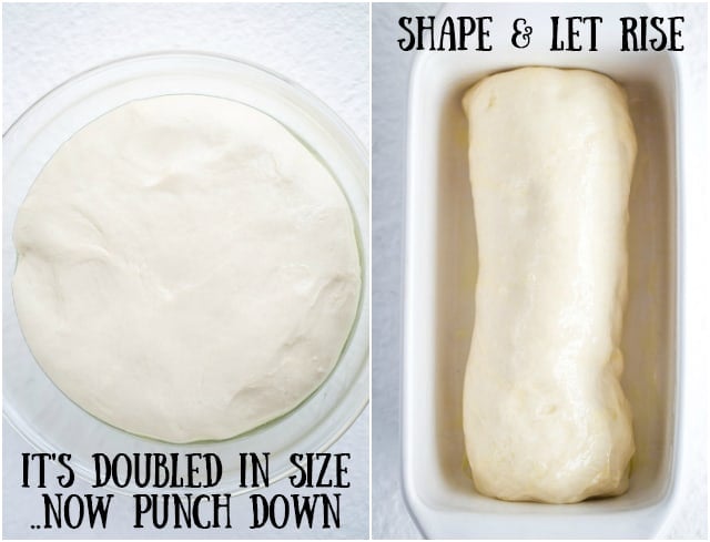 collage of two photos one showing the dough in a glass bowl and the other showing the dough rolled into a loaf in a white pan