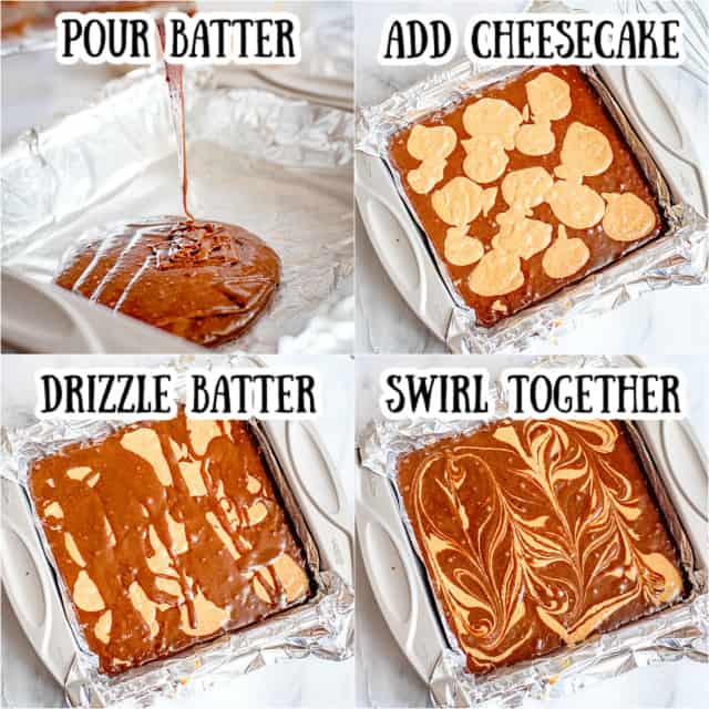 step-by-step collage photos of swirling cheesecake brownies