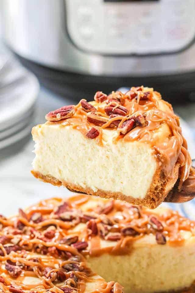 Instant Pot Salted Caramel Cheesecake - Cookie Dough and Oven Mitt