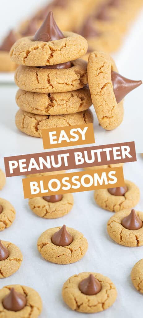 pinterest collage of two photos of peanut butter blossoms with the title in text blocks in the center