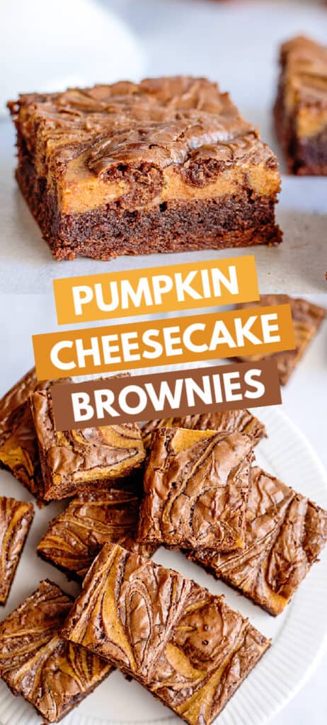 collage of photos for pinterest showing a side shot of pumpkin brownies and the tops with blocks of text for the recipe name