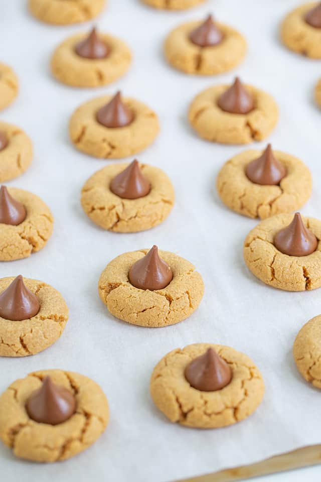 pb blossom cookies on a parchment-lined cookie sheet