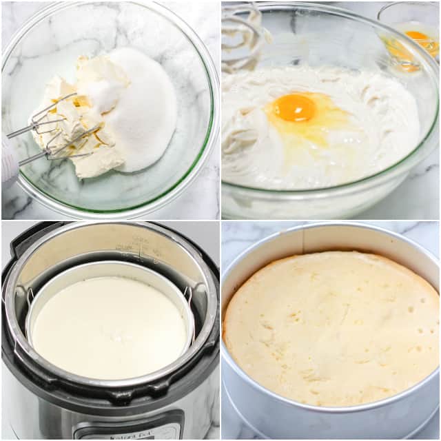 collage of step-by-step photos making the cheesecake batter in a glass bowl, placing in instant pot, and a final baked cheesecake photo