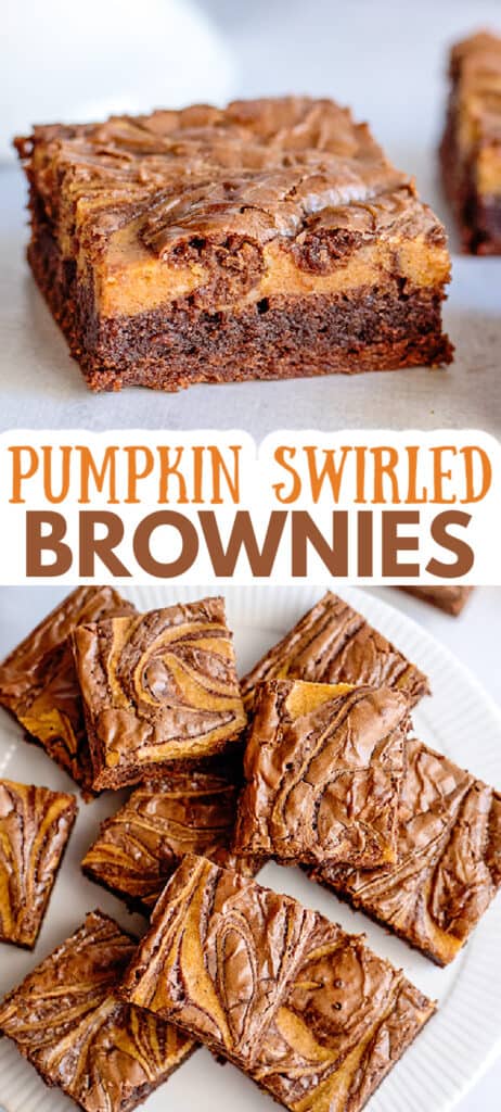 collage of brownies showing the side and tops of a pumpkin brownie with the name in text in the center