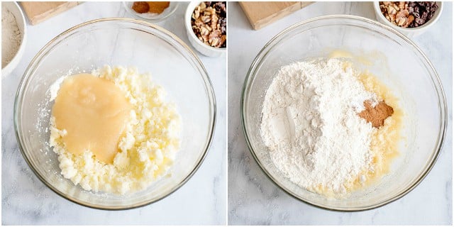 collage of adding ingredients to a glass bowl for the cake