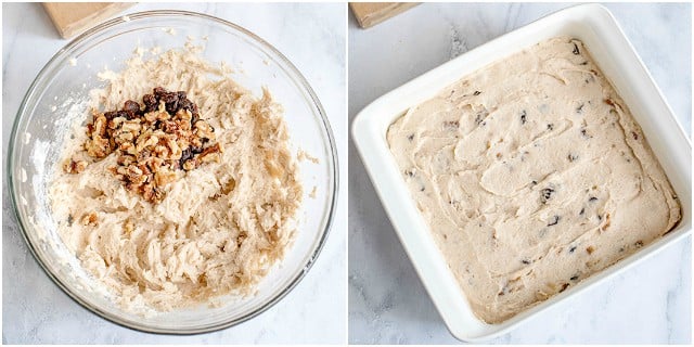 collage of photos first showing raisins and walnuts being added to a cake batter and second image has the batter in a white square dish