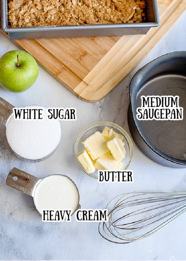 ingredients for homemade caramel sauce on a marbled background with text over each ingredient