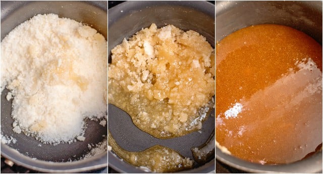 step-by-step photos of white sugar melting and becoming caramelized in a saucepan