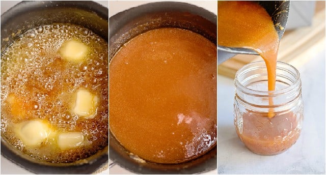 collage adding butter and pouring the caramel into a jar