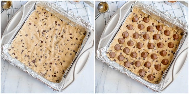 collage of chocolate chip cookie dough in a pan with Hershey kisses on top