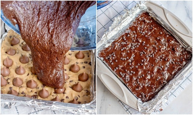 collage of photos showing adding brownie batter to the chocolate chip cookie dough and chocolate chips on top of the brownie batter