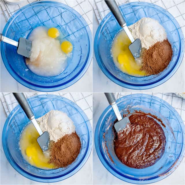 collage of photos showing how to make homemade brownies by adding ingredients into a blue bowl with spatula