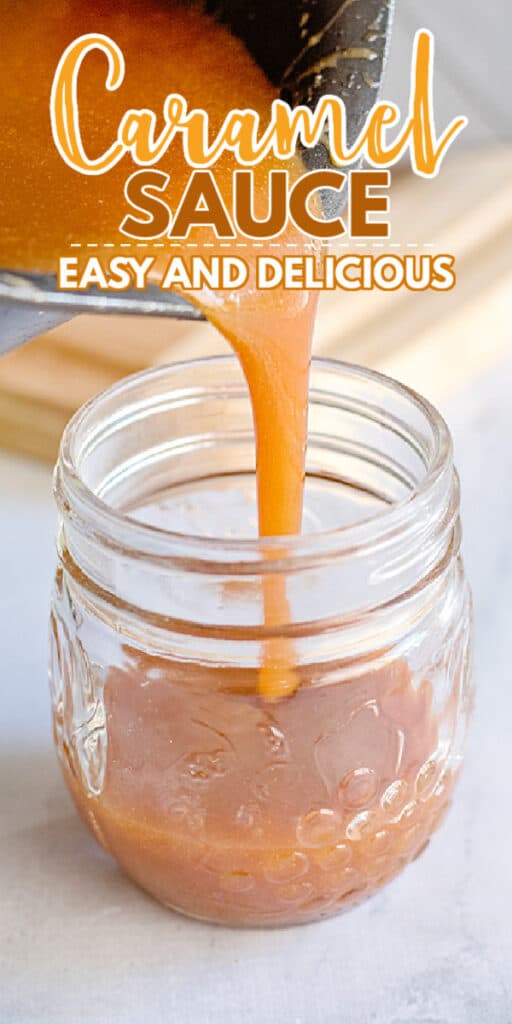 close up photo of pouring caramel into a jar from the saucepan