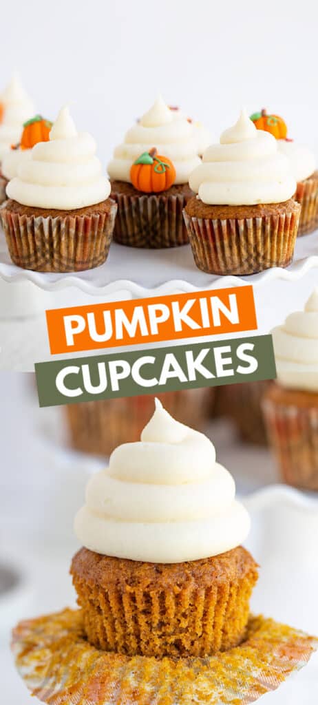 collage of two images of pumpkin cupcakes one on a cake plate the other unwrapped with boxes of text in the middle
