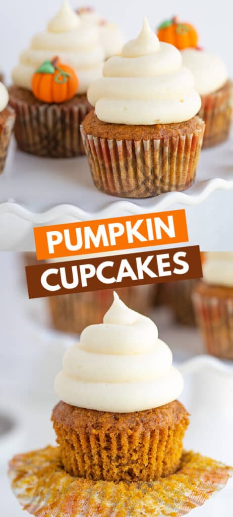 collage of images showing the pumpkin cupcakes with a box of text in the middle