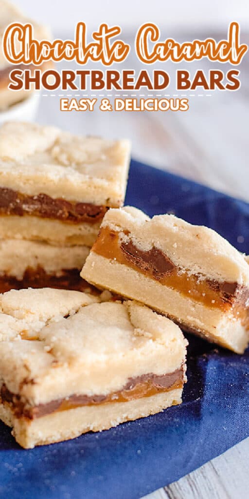 zoomed in photo of shortbread bars on a blue linen with the recipe name in text at the top