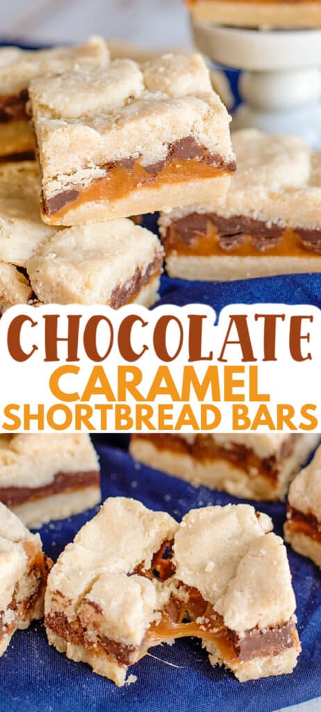 collage of photos showing the shortbread bars stacked and one broke in half showing the caramel with text in the middle