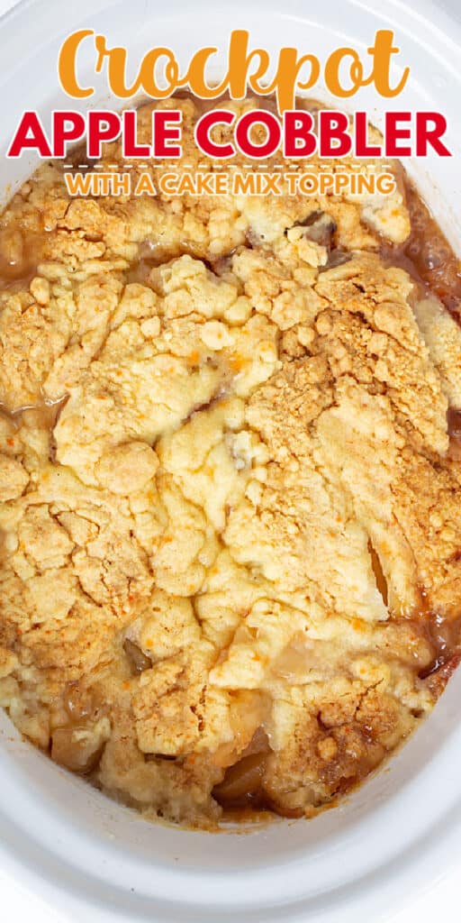 closeup photo of apple cobbler in a white crockpot with text at the top of photo