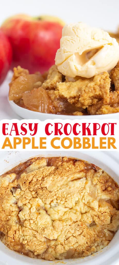 collage of two photos of apple cobbler on a dessert plate with text in the middle