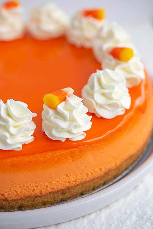 cheesecake showing the candy corn glaze and whipped cream on top