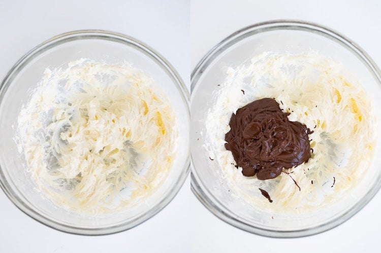 collage of a bowl of cream cheese and butter and a second photo with chocolate adding to the bowl