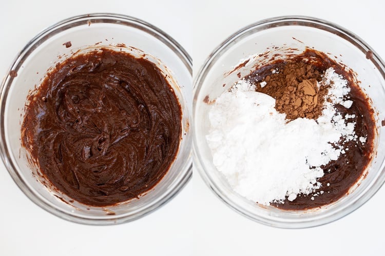 collage of photos showing the melted chocolate mixed into the bowl and the photo has a bowl with powdered sugar, cocoa powder and milk added to the chocolate mixture
