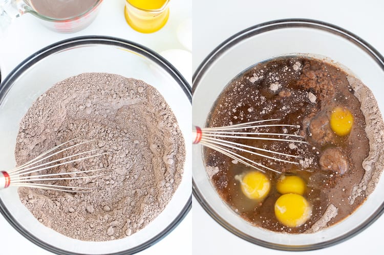 collage of a photo with cake mix and pudding mix in a glass bowl and second photo with eggs, oil, and milk adding to the bowl
