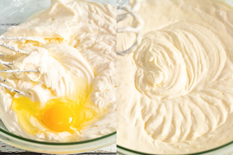 collage of two photos showing an egg being added to cheesecake batter than the batter mixed together